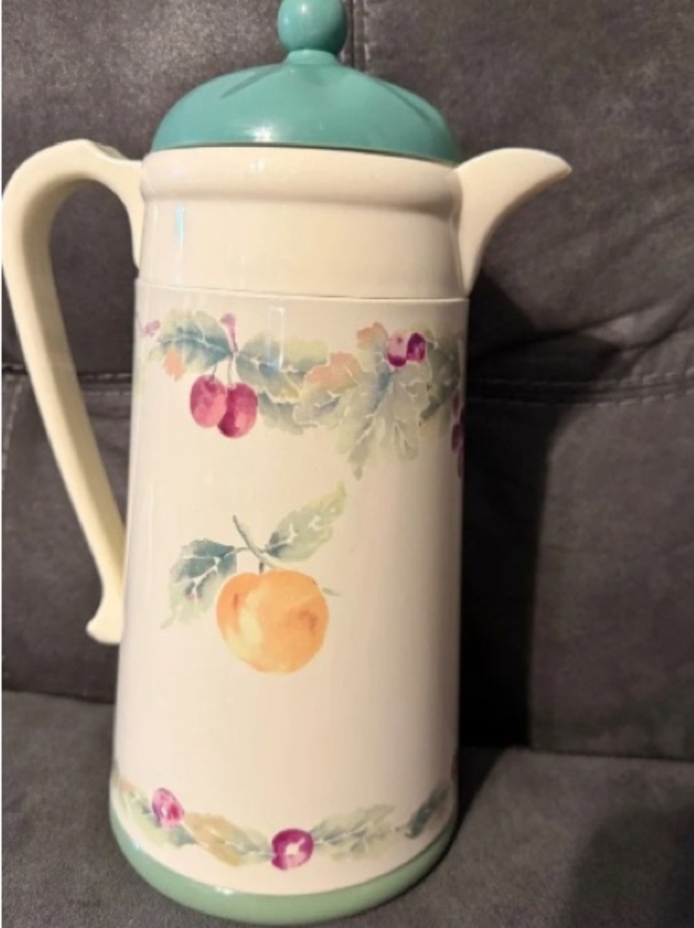 Cream Ceramic Pitcher with Teal Lid and Watercolor Fruit Motif